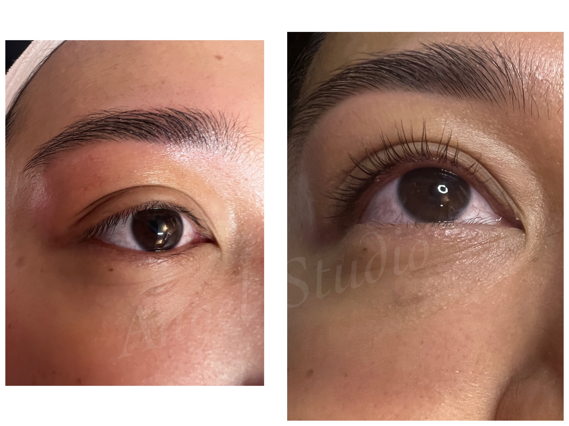 Brow threading and lash enhancement close-up.