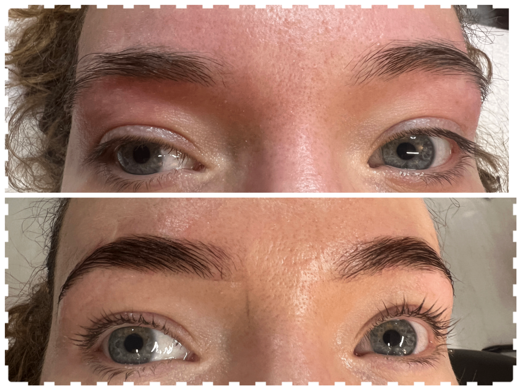 Brow shaping with lifted lashes and fuller brows.